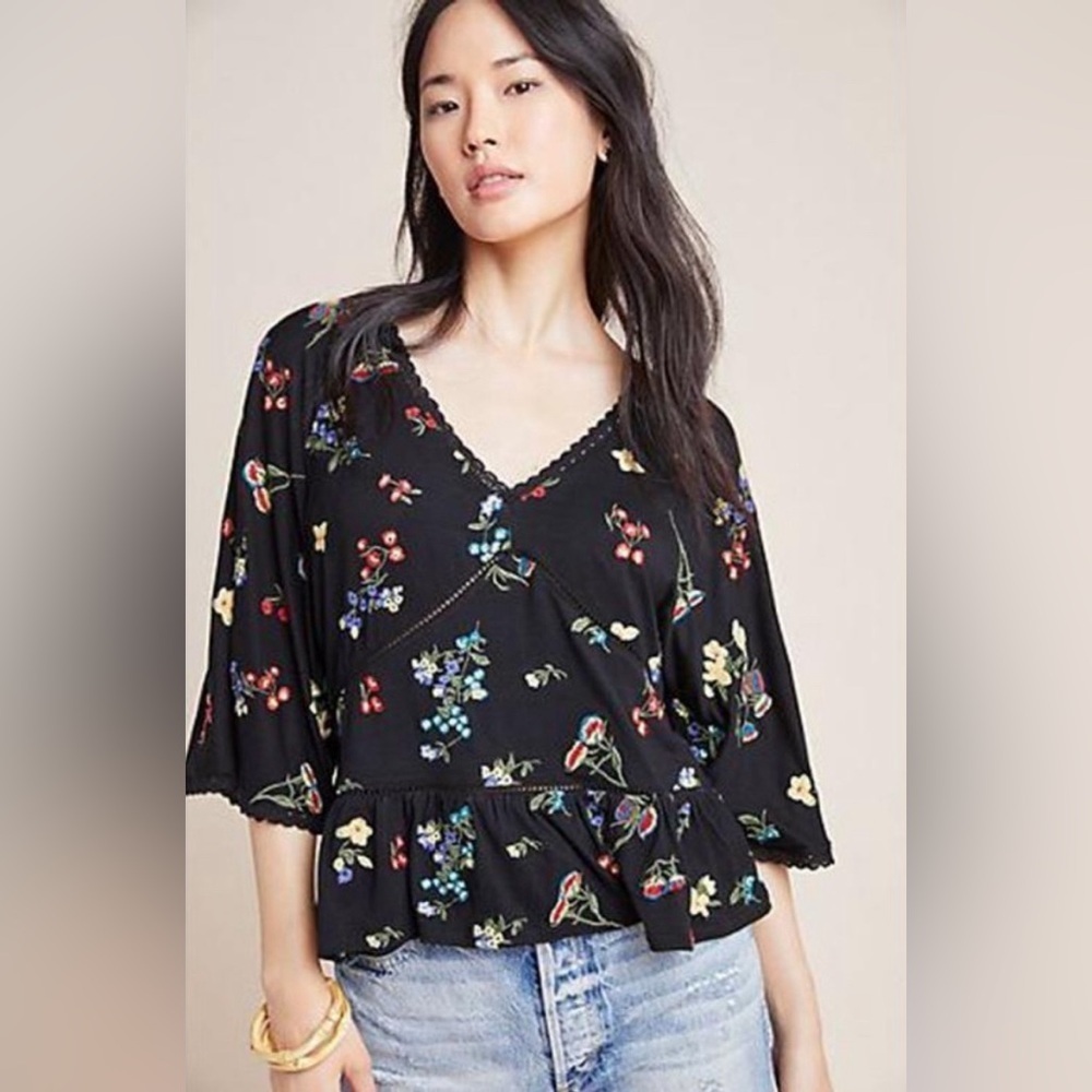 Anthropologie Black Floral Embroidered V-Neck Bell Sleeve Blouse